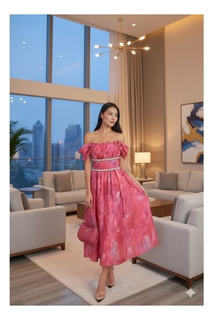 Pink off-the-shoulder Printed midi evening dress, a modern and elegant gown.