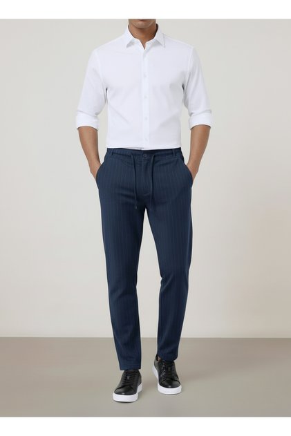 Men's Navy Blue Woven Striped Jogger Pants, Buttoned Front Placket, Zippered, Back Pockets, Regular Fit