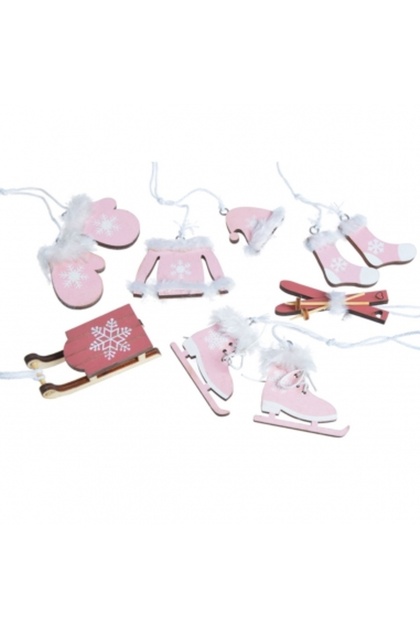 Figurine de Craciun roz | set 6 ornamente din lemn schiuri, patine, sanie