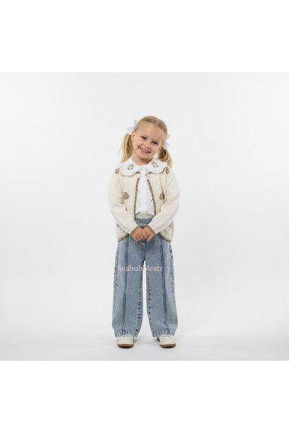 Girl's Set with Collared Shirt and Eyelet Embroidery Pieces