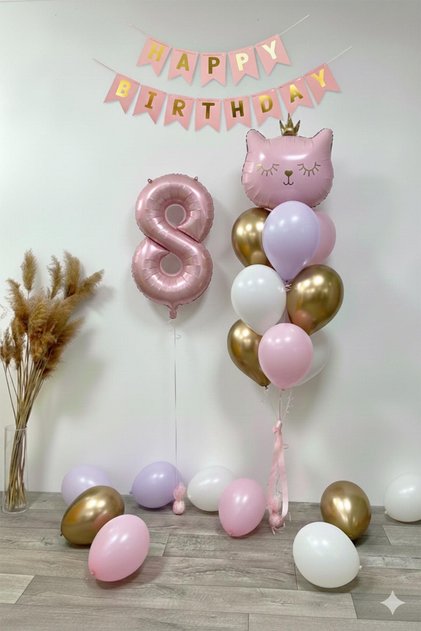 8 Year Old Cat Themed Birthday Balloon Set – Pink Gold Concept