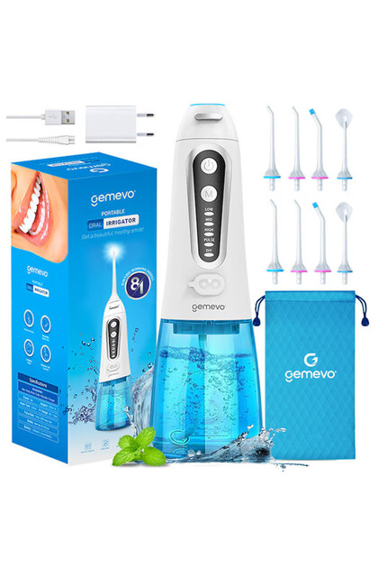 Irigator Bucal Gemevo® Family fara fir, portabil, 12 niveluri, rezervor 300 ml, alb/albastru