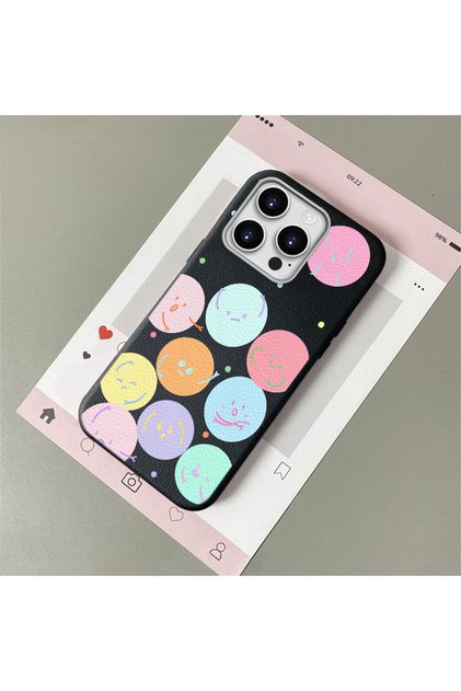 iPhone 16 Pro Max Compatible, Funny Smiley Face Pattern Leather Texture Silicone Phone Case.