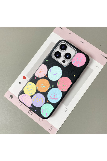 iPhone 14 Pro Max Compatible, Funny Smiley Face Pattern Leather Texture Silicone Phone Case.