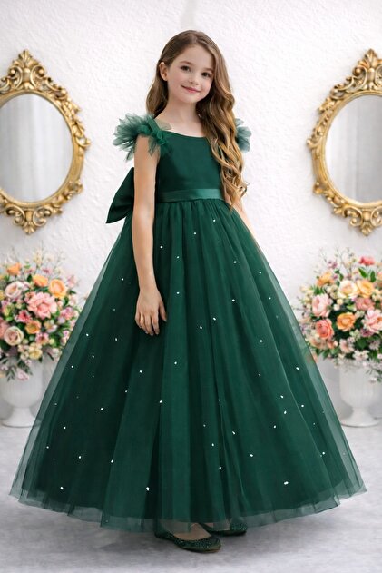 SUNEH Ruffle Sleeves Emerald Green Long Pearls Girls Princess Dress Graduation Birthday Dress- Trendyol SUNEH Ruffle Sleeves Emerald Green Long Pearls Girls Princess Dress Graduation Birthday Dress- Trendyol