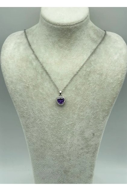 Steel silver purple stone heart necklace - 25-ctr261