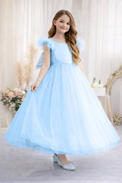 SUNEH Ruffle Sleeves Baby Blue Long Pearl Girls Princess Dress Graduation Birthday  Dress- Trendyol