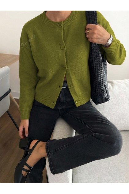 Oil Green Crew Neck Soft Textured Buttoned Knitwear Cardigan Jacket Fmoda9040