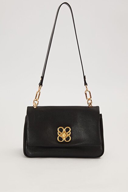 Black Patterned Buckle Shoulder Bag