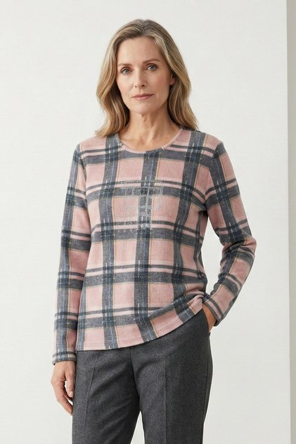 Women's Plus Size Lycra Crew Neck Stone Printed Plaid Pattern Soft Sweater Mom Blouse