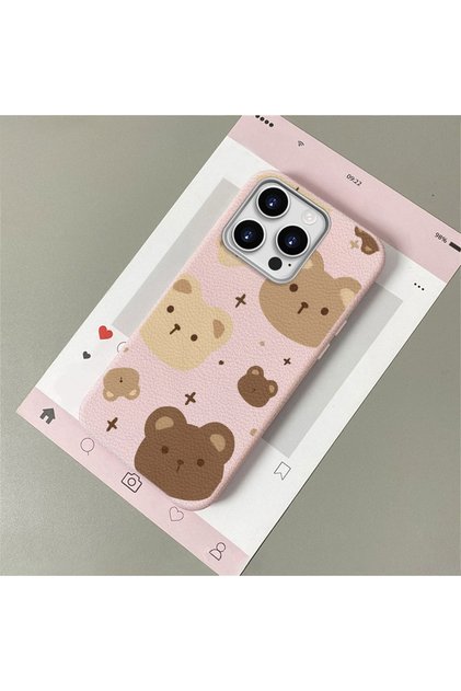 iPhone 14 Pro Max Compatible, Stylish Phone Case with Cute Teddy Bear Pattern and Leather Texture.