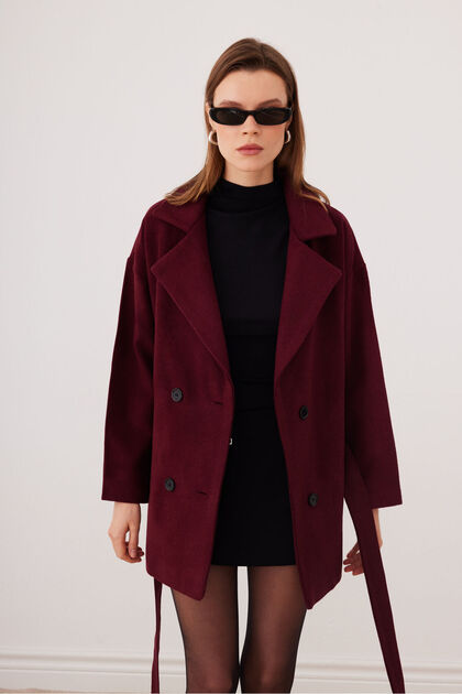 Women's Burgundy Oversized Short Melton Coat with Belt and Lining - Sevde Ugur