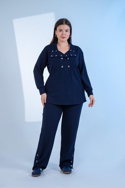 Plus Size Women's Snap Detailed 2-Piece Set Navy Blue