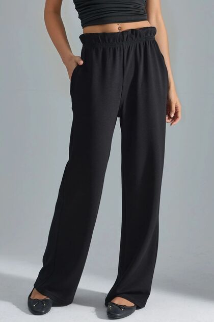 Modal Textured Elastic Waist Straight Leg Trousers Berşan Collection