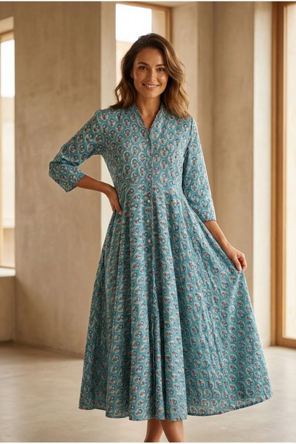 Rochie stil camasa din bumbac imprimat manual