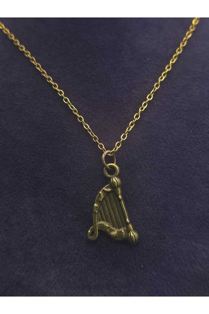 Harp Instrument Steel Necklace Copper Antique Oxide Pendant and Yellow Colored Steel Necklace Music Steel Necklace