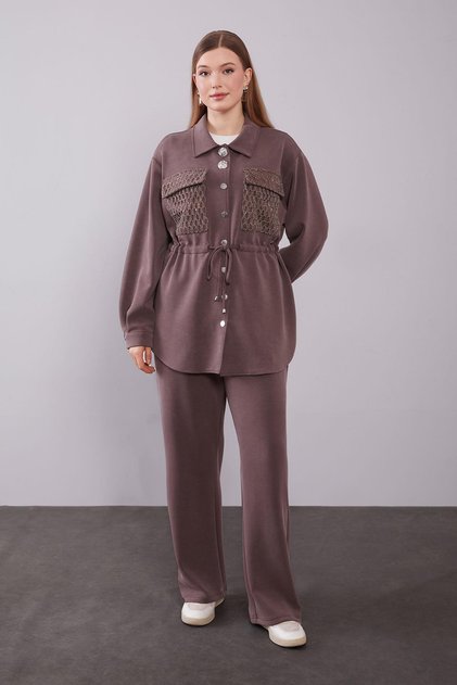 Coffee-colored two-piece set with mesh pocket detail
