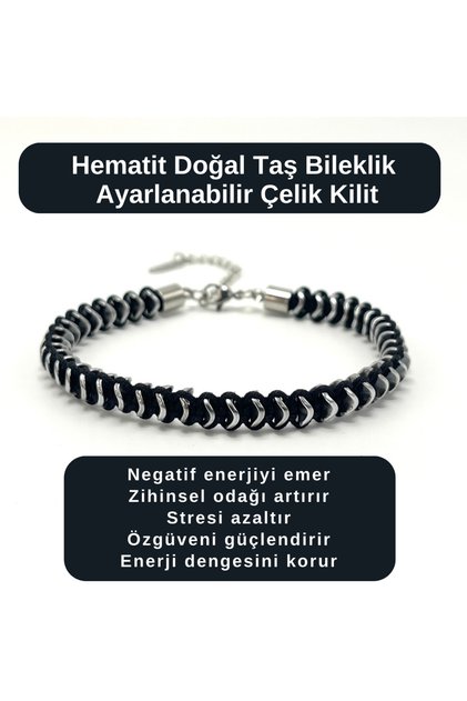 Certified Hematite Natural Stone Bracelet with Adjustable Steel Lock