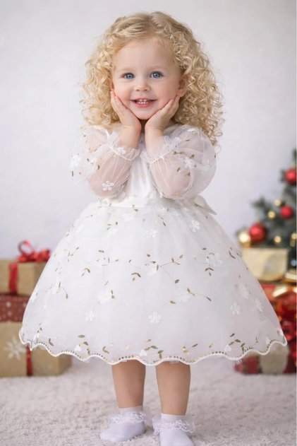 Girls' Long Sleeve 3D Floral Vintage Bow Special Occasion Birthday Dress – Princess Model
