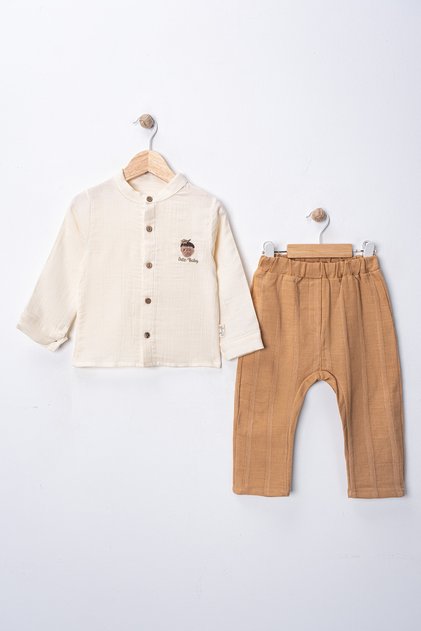 6-24 Months Boy's Muslin Shirt with Acorn Embroidery and Linen Pants, Casual Stylish 2-Piece Baby Set