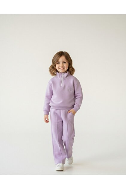 Premium Girls' Lilac Top and Bottom Cotton Soft Zipper Pocket Tracksuit Set 3-8 Years