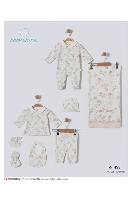 Turkish unisex baby shower set - 8 pieces, 100% cotton, soft pink forest pattern