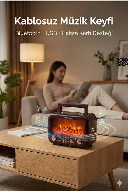 sonx Şömine Alev Efektli Retro Bluetooth Hoparlör Radyo – Güneş