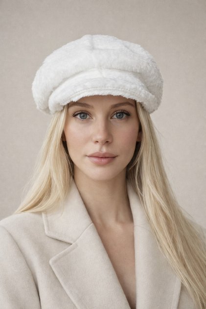 Women's White Soft Textured Plush Cap - with Brim