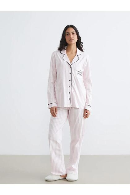 Ecru Shirt Collar Embroidered Women's Pajama Set (S6)