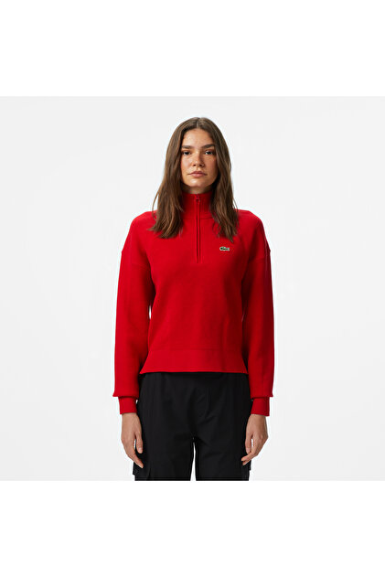 Lacoste Kadın Relaxed Fit Yarım Fermuarlı Kırmızı Kazak - Fiyatı