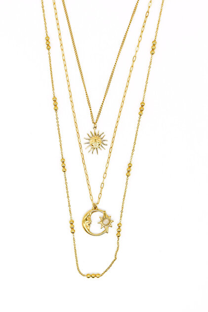 Steel Triple Combination Chain Necklace, Moon Star Sun Figured