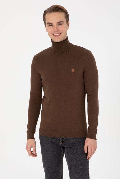 Men's Slim Fit High-Neck Brown Basic Sweater 50313640-Vr029