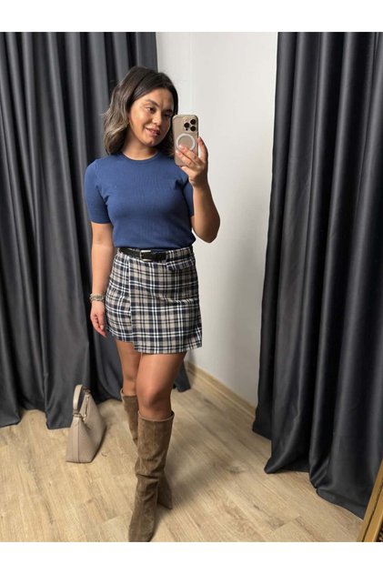 Plaid Belted Short Skirt