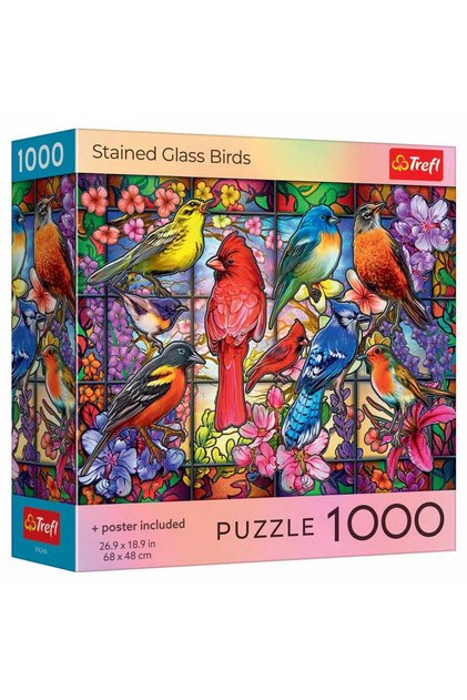 Puzzle s motivem 1000 skleněných ptáčků s plakátem, pro děti od 12 let