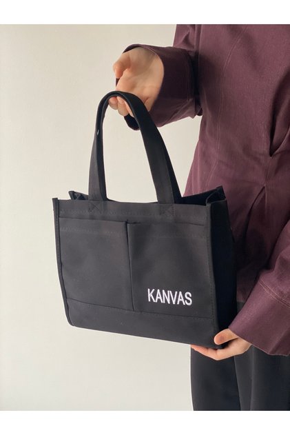 Canvas Fabric Large Shoulder Bag with Embroidered Details W32 H28