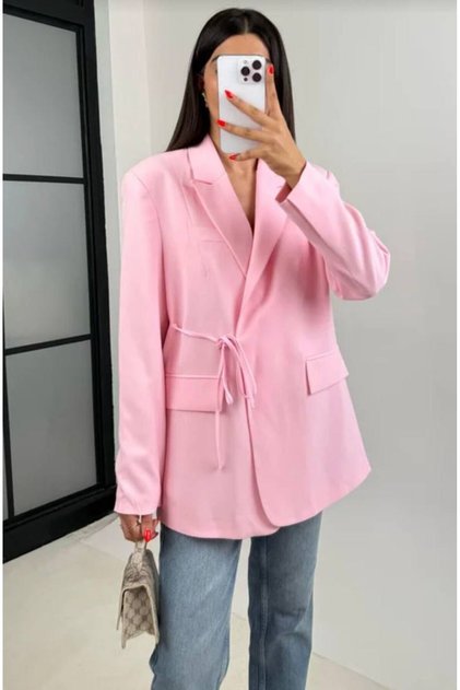 Women's Pink Side-Tie Blazer Jacket with Ornamental Pockets