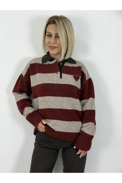 Zr95 Polo Collar, Heart Embroidery, Striped Knitwear