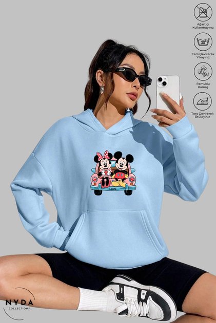 Unisex Hoodie Long Sleeve Minnie Love Printed Hooded Oversized 100% Cotton Combed Cotton Sweatshirt