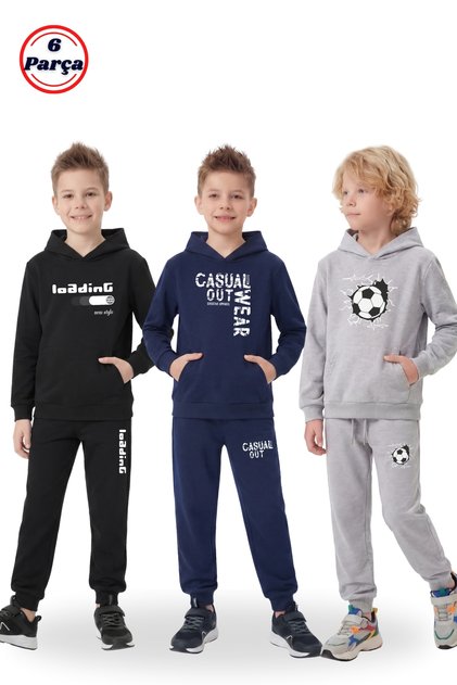 3-Piece Hooded Kangaroo Pocket Printed Detailed 6-Piece Boys' Tracksuit Set