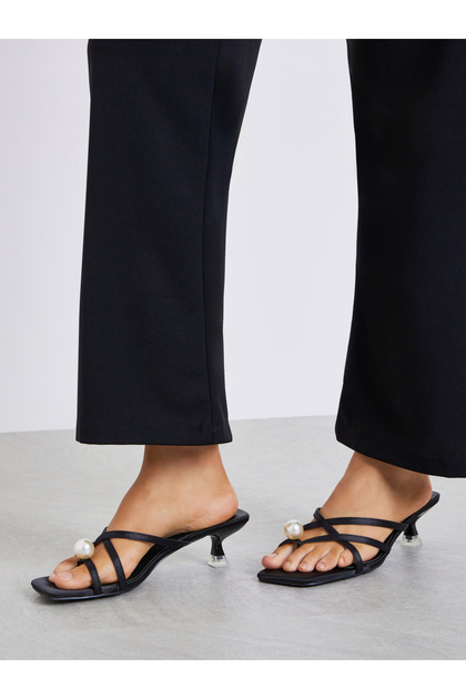 Black Pearl Detail Kitten Heel Sandal