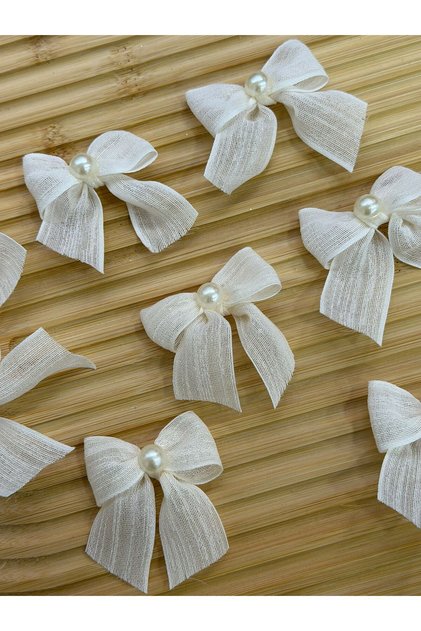 Linen Ribbon Bow with Pearls 25 Pieces