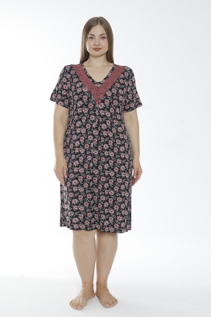 Women's Plus Size Viscose Elastane Fabric Nightgown / Black-Pink 13629