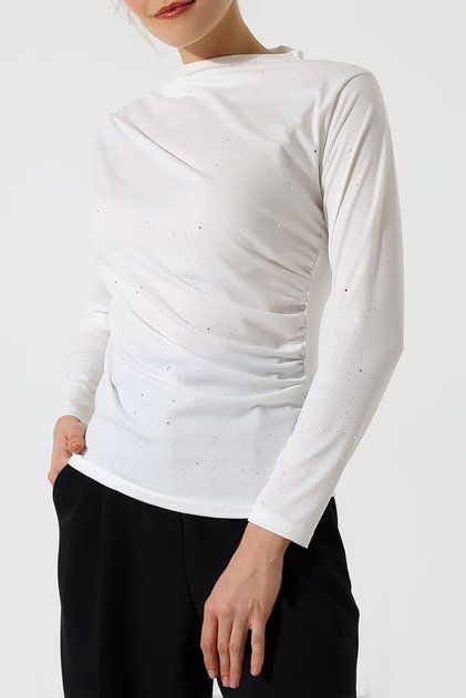 Star Dust Sandy Half Turtleneck Side Gathered Long Sleeve Women's Blouse