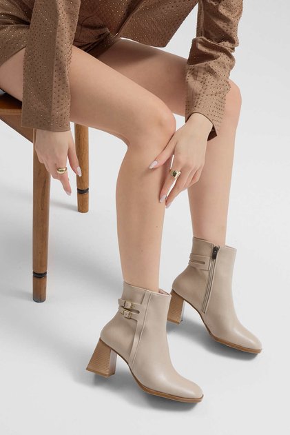 Women's Beige Leather Tpu Sole Double Buckle Pointed Toe Zippered Heeled Boots