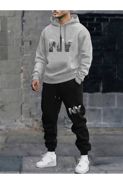 Text Printed Men's Hooded Top and Bottom Set Oversize Tracksuit Set with Kangaroo Pocket