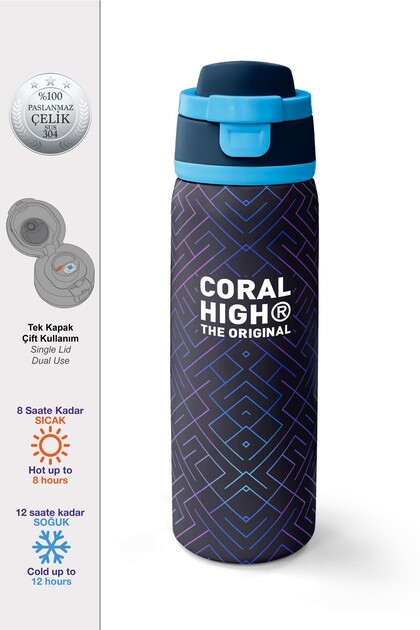 Navy Blue Line Patterned Steel Thermos with Straw and Direct Drinking Feature 800 ml 38564