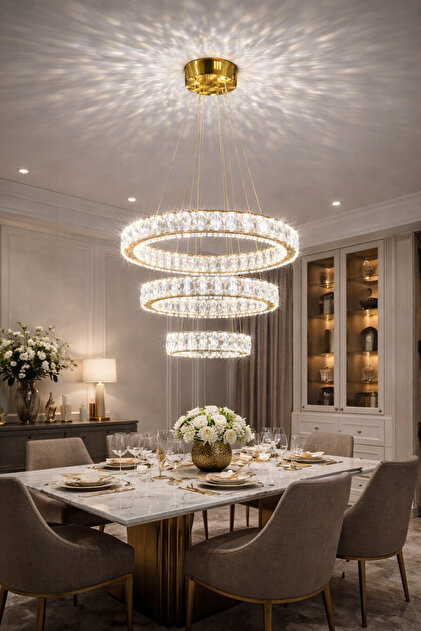 Kristal Taşlı 3 Renkli Ledli Kumandalı 40cm Gold Salon Mutfak Avize