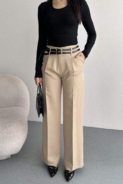 Women's Palazzo Pants with Belt | High Waist Wide Leg Casual Double Belt Design