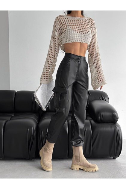 New Season Leather Trousers Lycra Cargo Pocket Detail Women