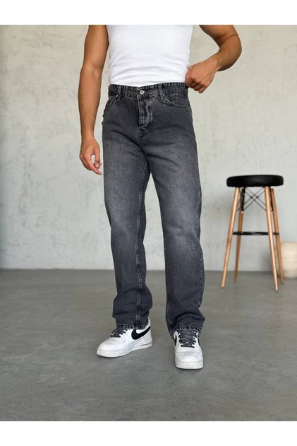 Men's Regular Waist Long Leg Baggy Denim Jeans with Pocket Rips
